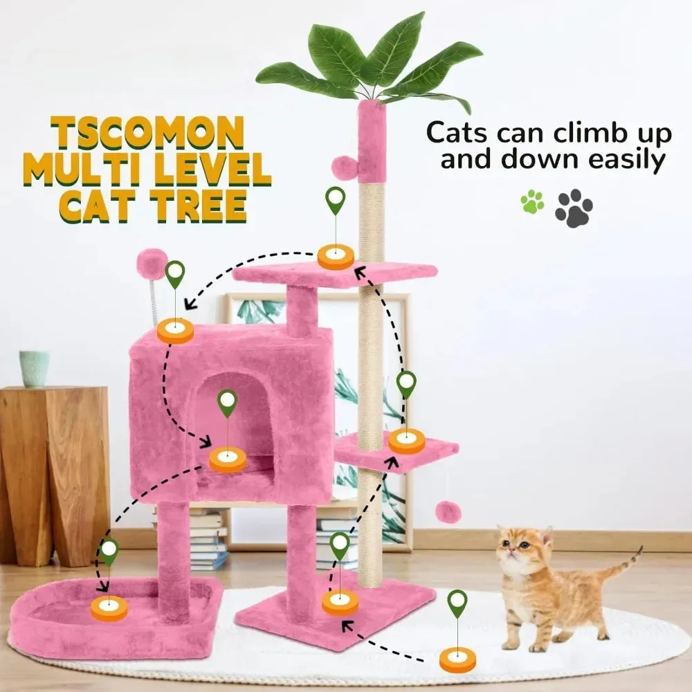 52" Multi-Level Cozy Plush Cat Tree with Green Leaves