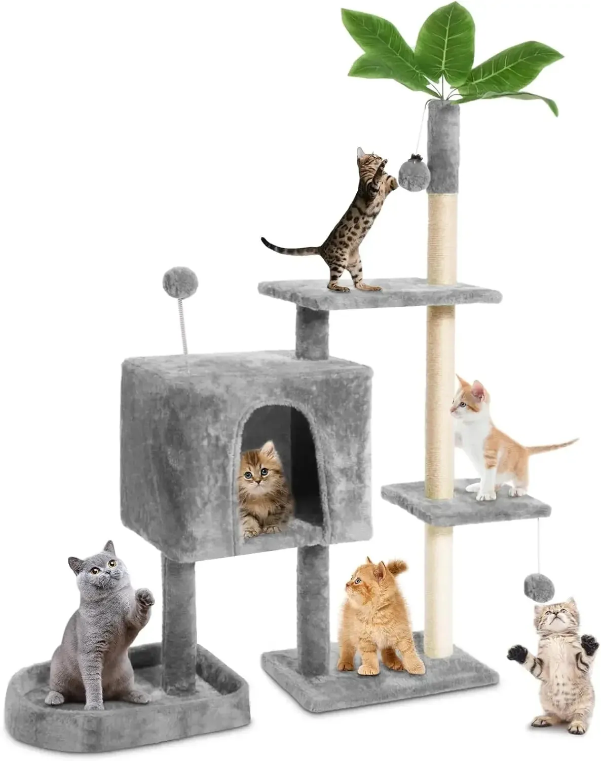 52" Multi-Level Cozy Plush Cat Tree with Green Leaves