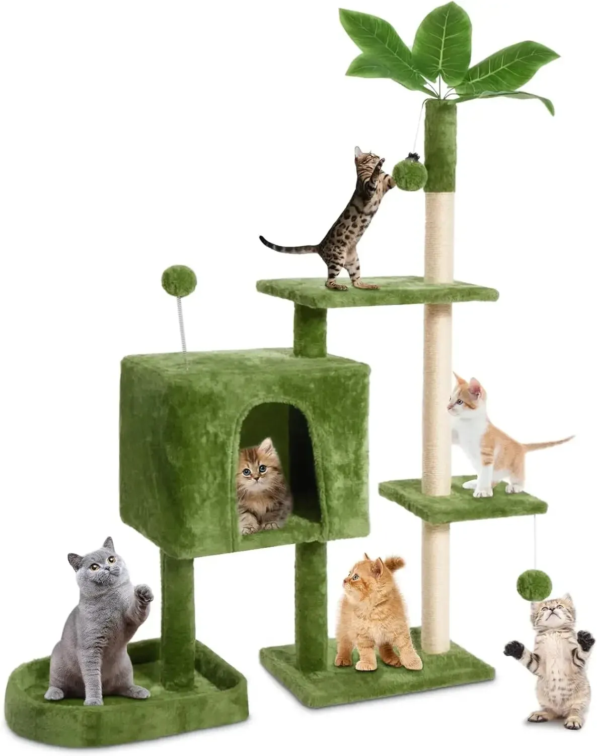 52" Multi-Level Cozy Plush Cat Tree with Green Leaves