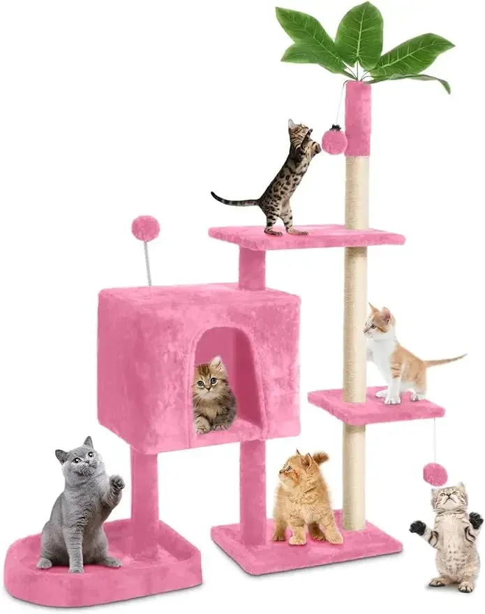 52" Multi-Level Cozy Plush Cat Tree with Green Leaves