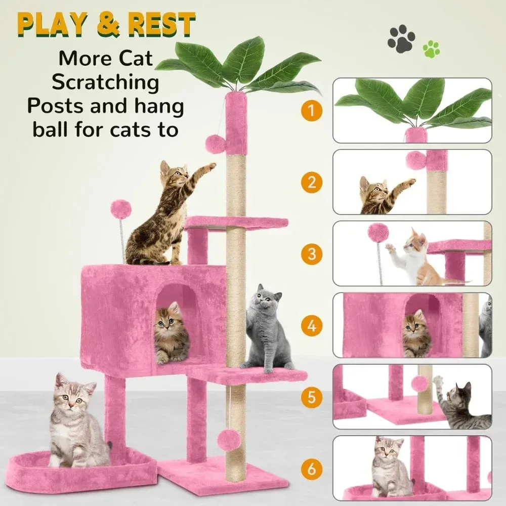 52" Multi-Level Cozy Plush Cat Tree with Green Leaves