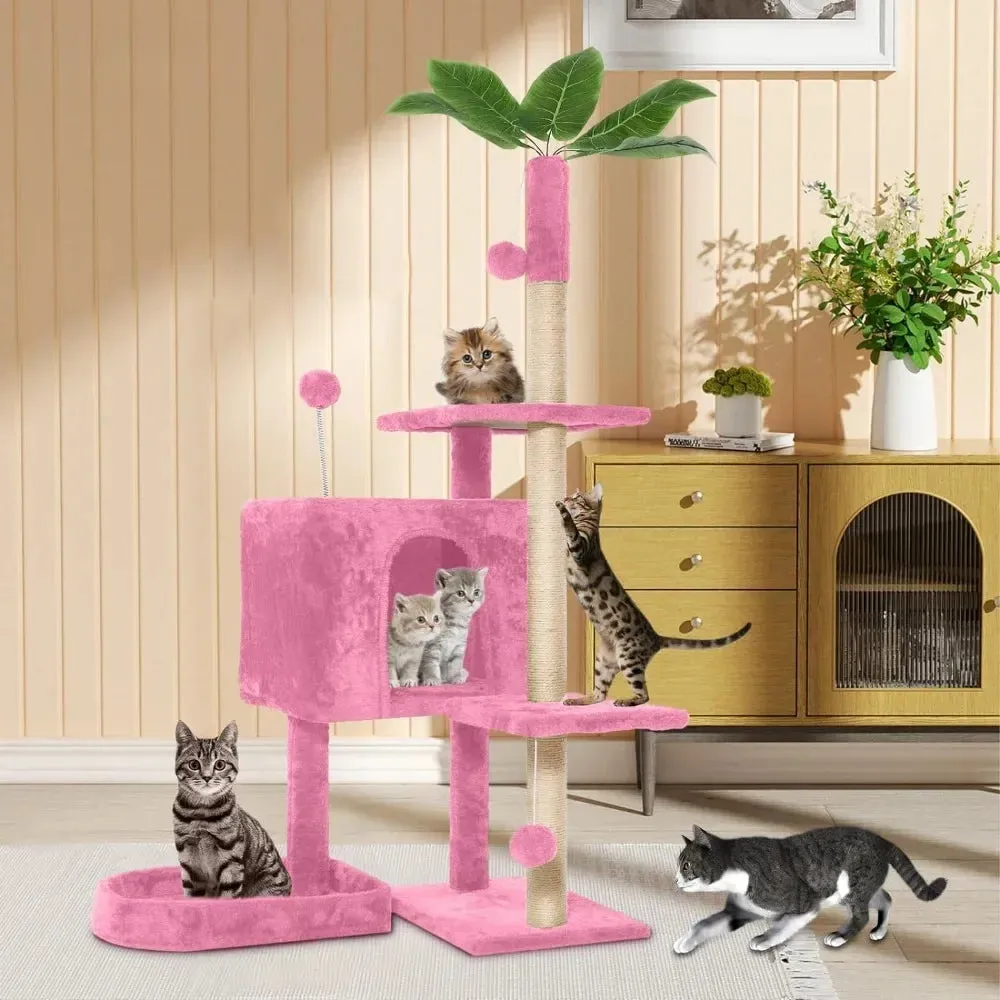 52" Multi-Level Cozy Plush Cat Tree with Green Leaves