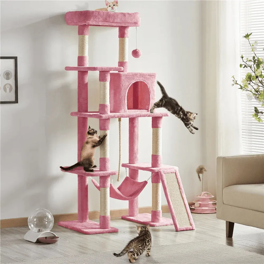 63"H Cat Tree Tower with Hammock and Scratching Posts