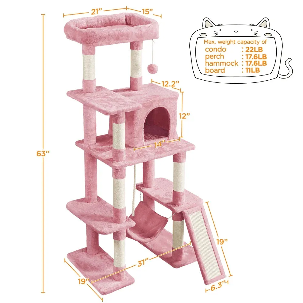 63"H Cat Tree Tower with Hammock and Scratching Posts