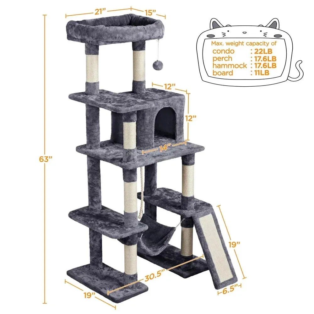 63"H Cat Tree Tower with Hammock and Scratching Posts