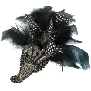 #897p Black/White Feather, Rhinestone & Filigree Vintage Pin