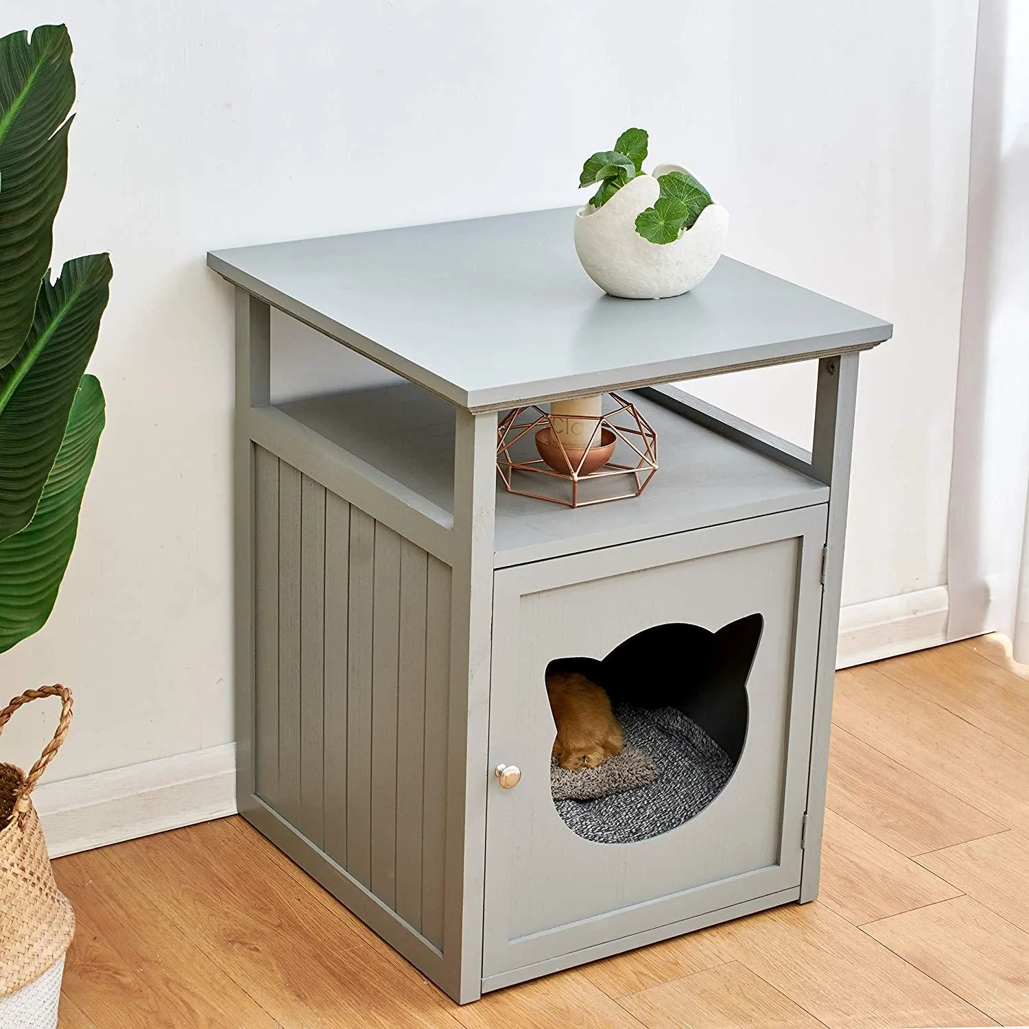 BASTET Wooden Cat Cave Bedside Cabinet Litter Box Cat House Nightstand Grey