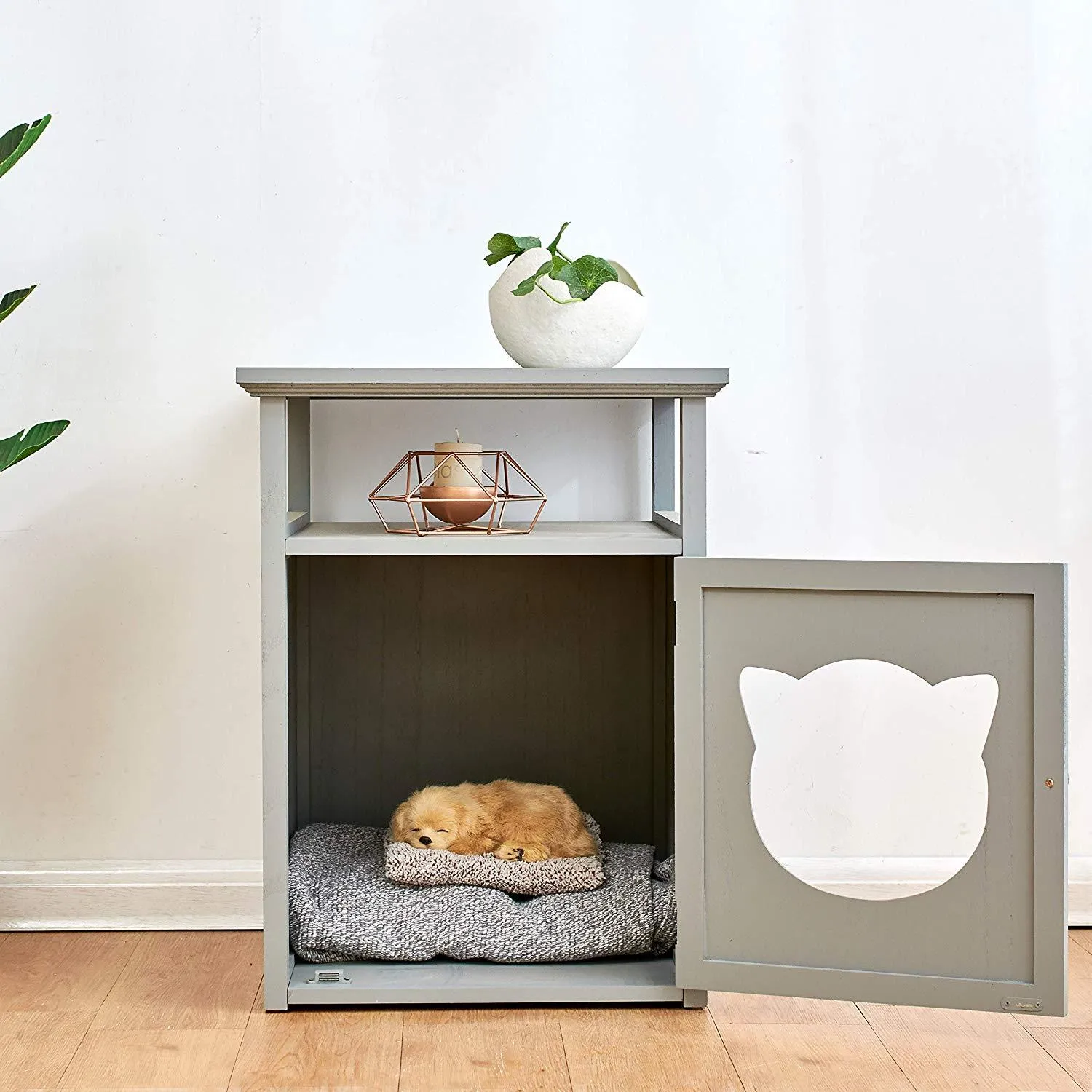 BASTET Wooden Cat Cave Bedside Cabinet Litter Box Cat House Nightstand Grey