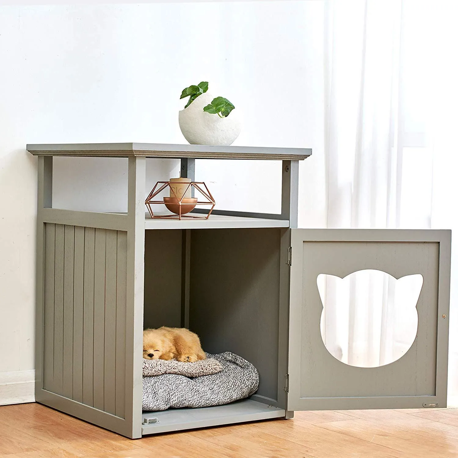 BASTET Wooden Cat Cave Bedside Cabinet Litter Box Cat House Nightstand Grey