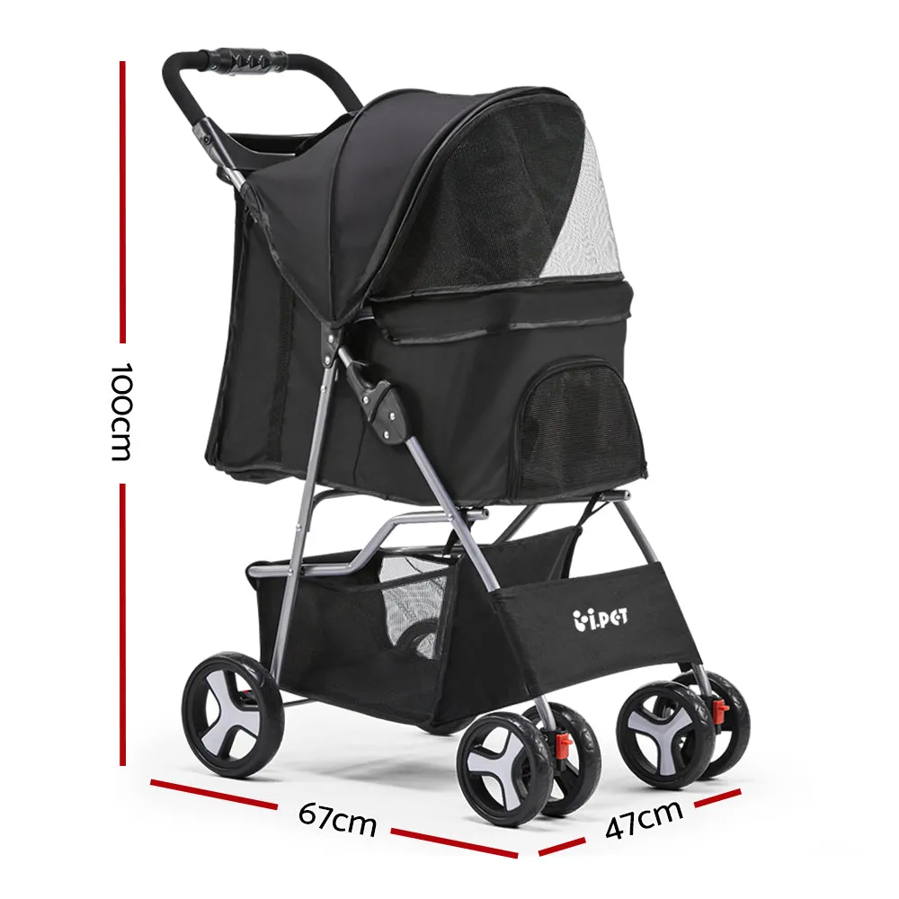 Black Waterproof 4-Wheel Pet Stroller w/ Mesh & Storage i.Pet