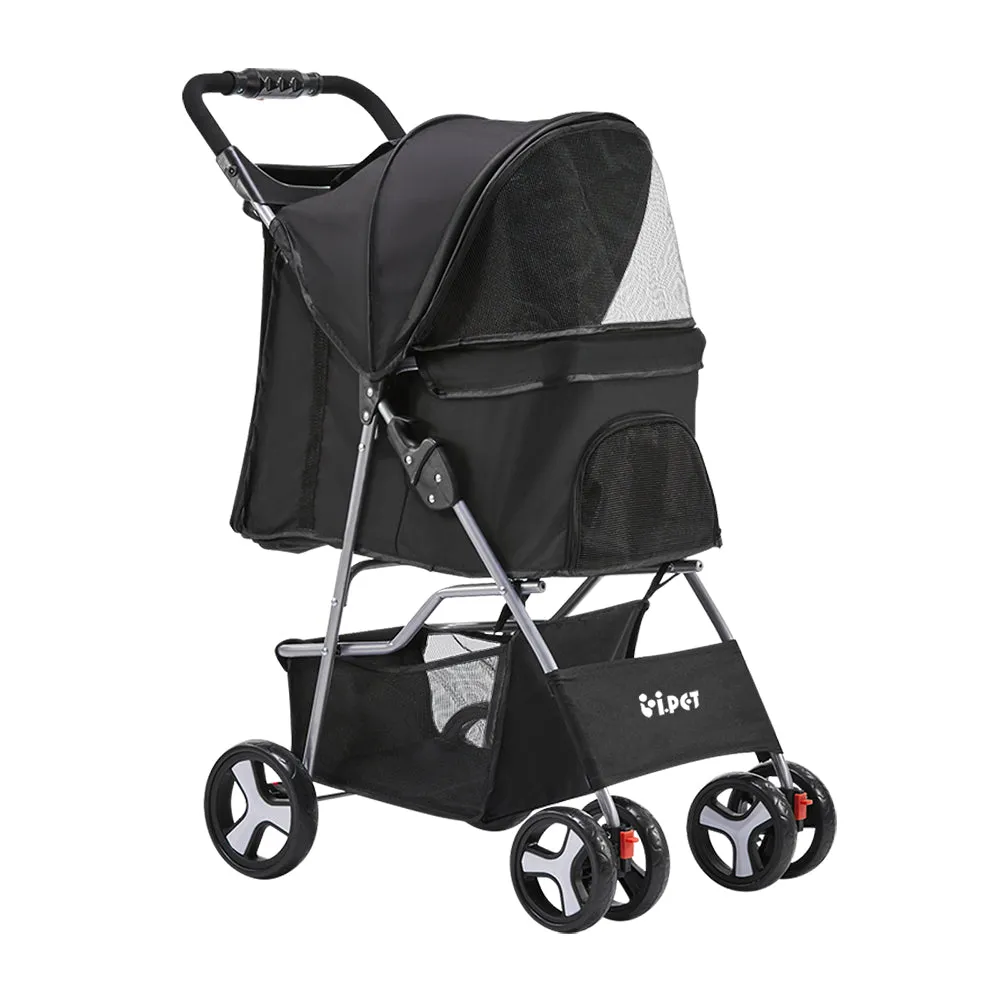 Black Waterproof 4-Wheel Pet Stroller w/ Mesh & Storage i.Pet