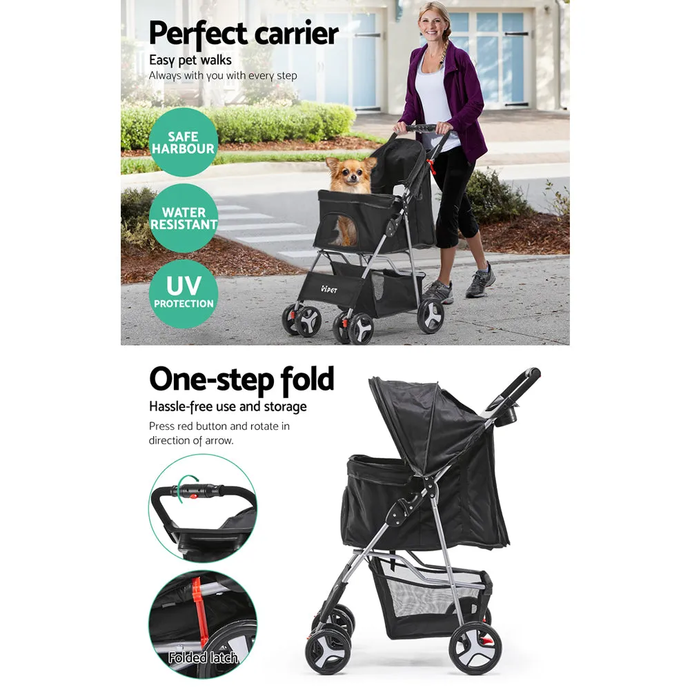 Black Waterproof 4-Wheel Pet Stroller w/ Mesh & Storage i.Pet