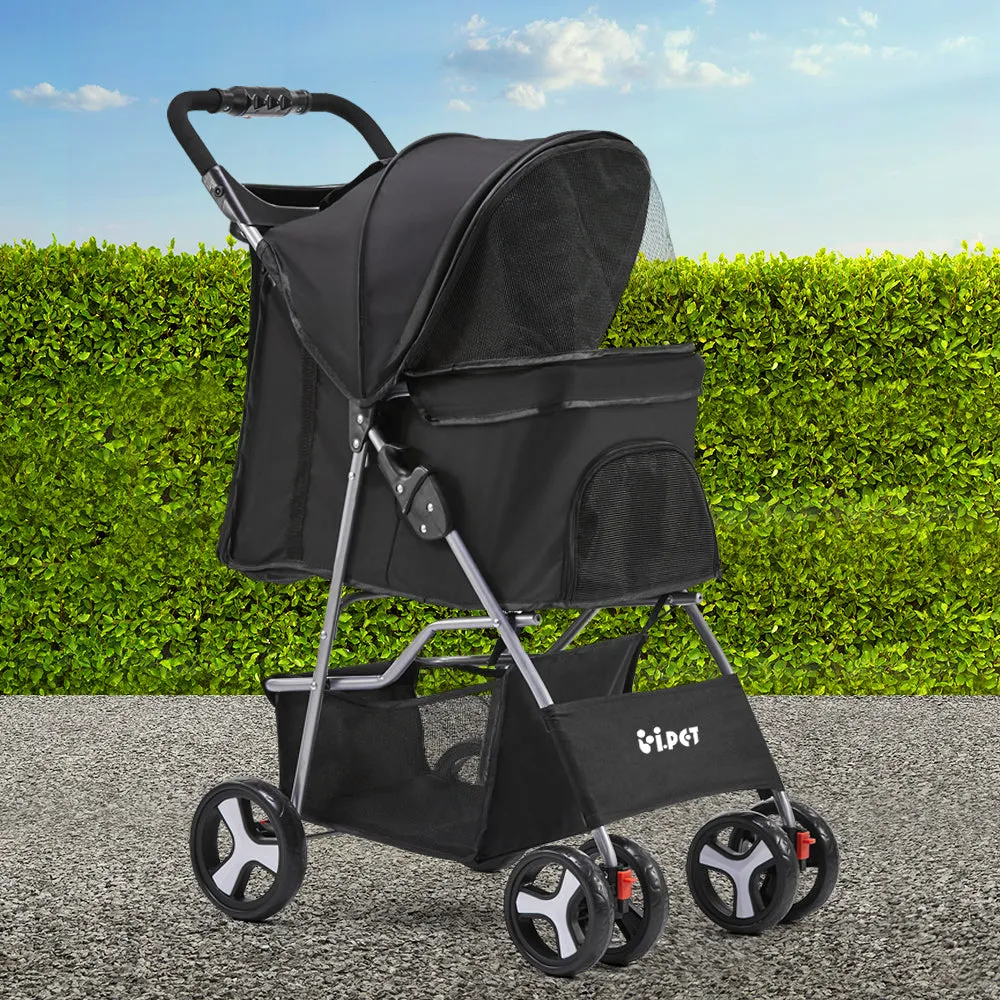 Black Waterproof 4-Wheel Pet Stroller w/ Mesh & Storage i.Pet