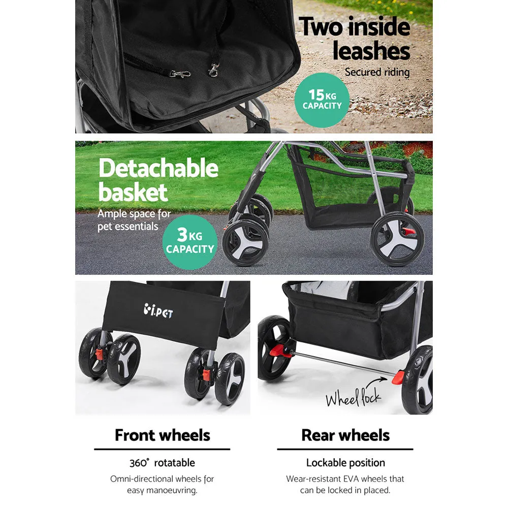 Black Waterproof 4-Wheel Pet Stroller w/ Mesh & Storage i.Pet