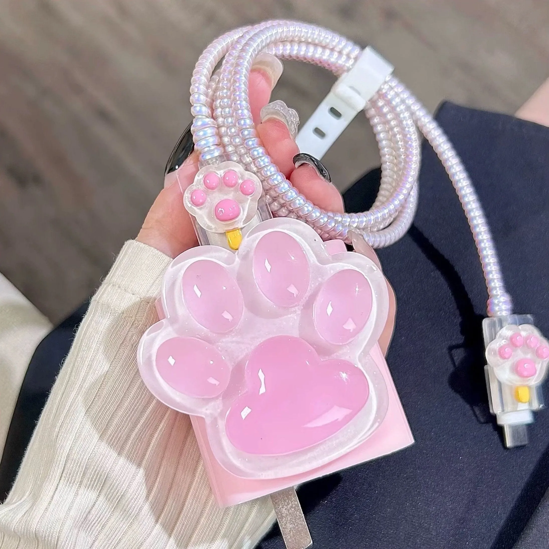 Cute Solid 3D Pink & White Paw Print Design Protective Shockproof iPhone Charger Case   Holographic Cable Wire Cover for Charger Longevity