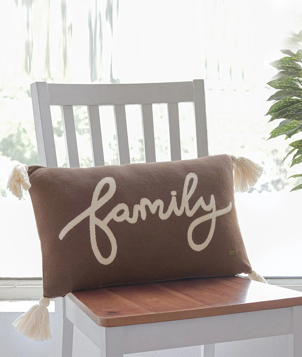 Family Cotton Knitted Decorative Cushion Cover in Brown & Natural Color (30cm X 50cm)