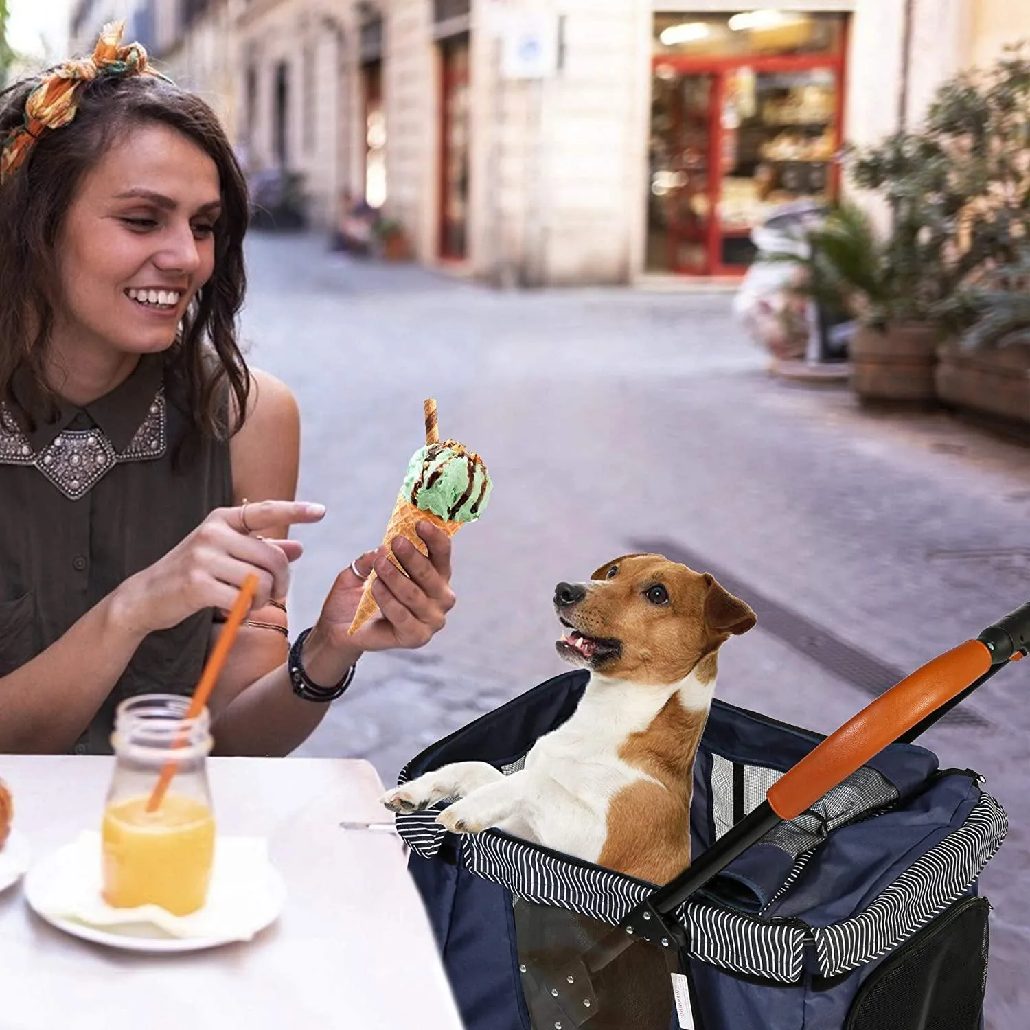 Foldable Large Pet Wagon Cat & Dog Stroller Travel Carriage, Navy