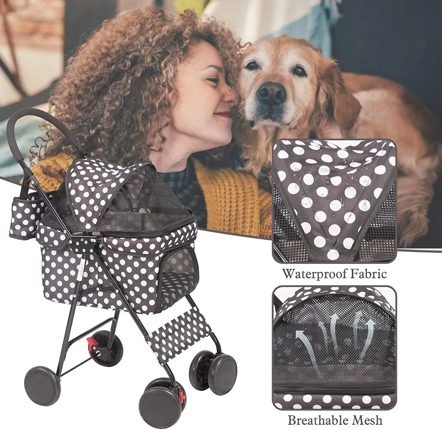 Folding Pet Stroller Kitten Puppy Travel Carriages for Small Cats and Dogs, Capacity 33lbs