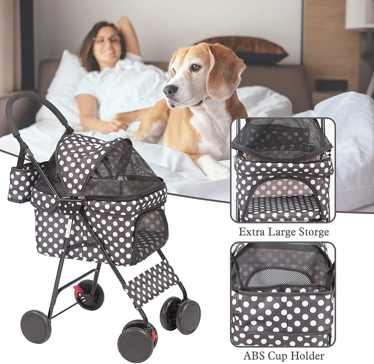 Folding Pet Stroller Kitten Puppy Travel Carriages for Small Cats and Dogs, Capacity 33lbs