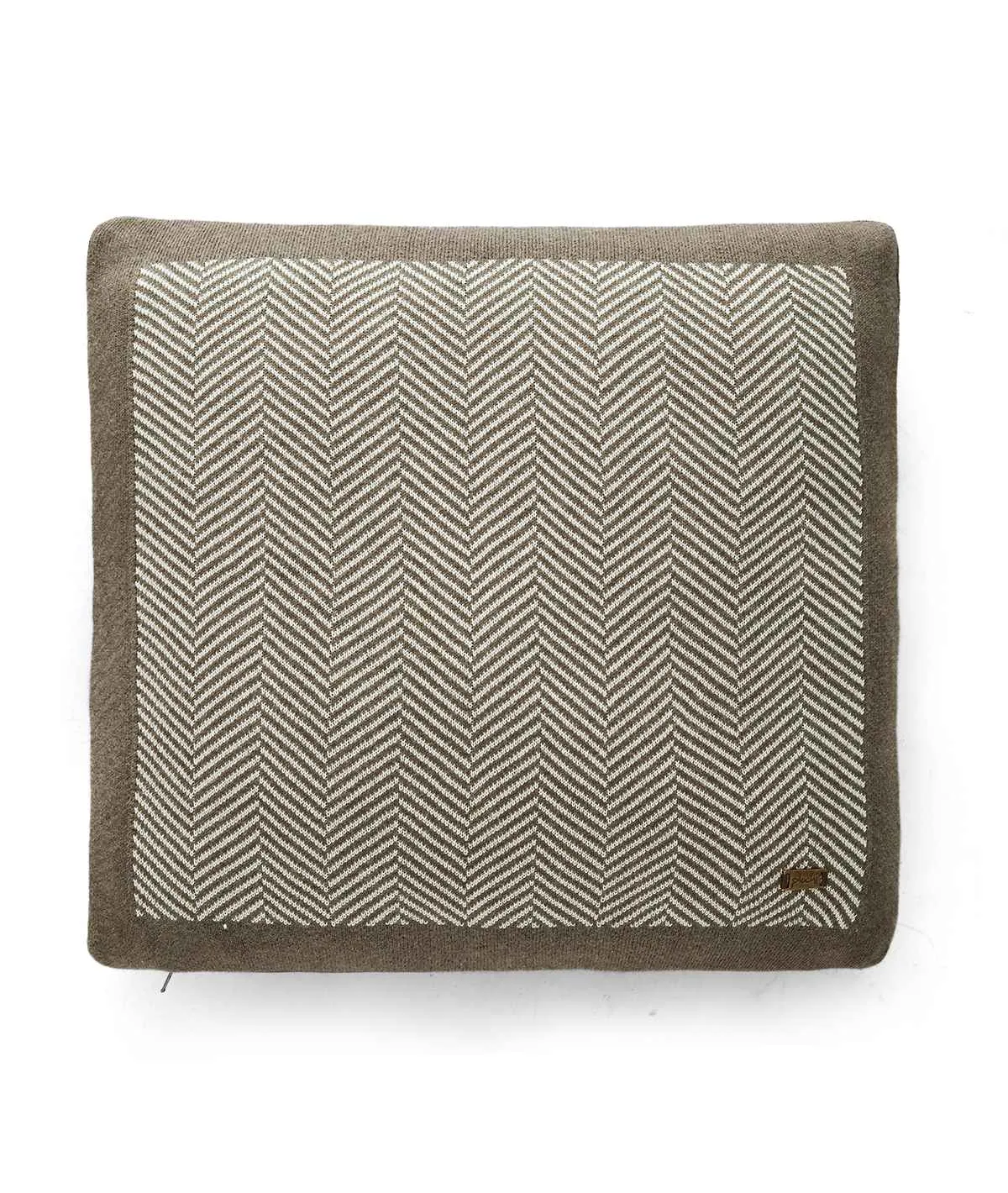 Herringbone Cotton knitted Throw & Cushion Cover (2 pcs) Gift Combo in Dark Brown Melange & Natural Color