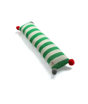 Streaky Cotton Knitted Decorative Hot Green & Natural Color with Red Pom Poms 35 x 7 Inches Oblong Pillow Cover