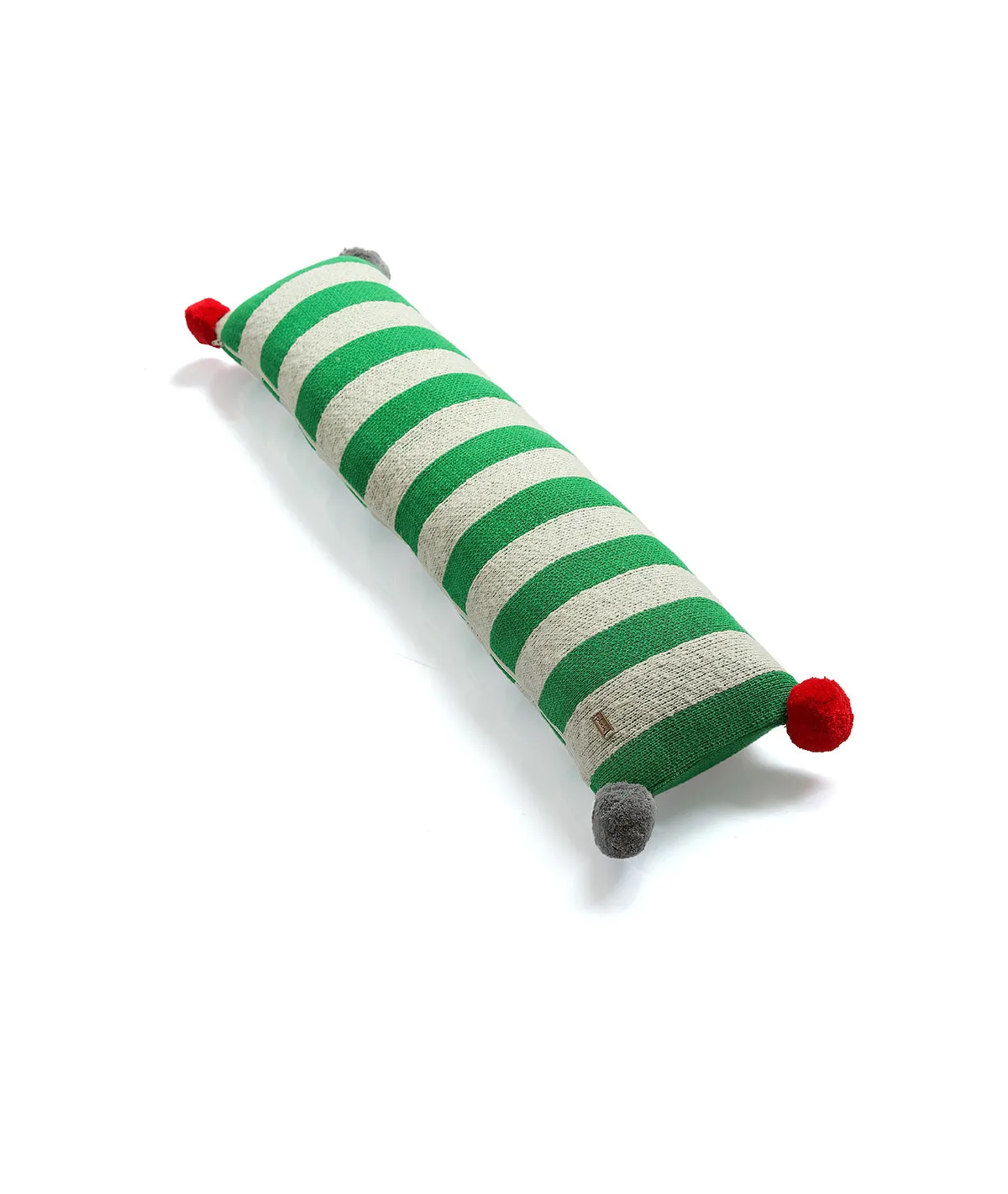 Streaky Cotton Knitted Decorative Hot Green & Natural Color with Red Pom Poms 35 x 7 Inches Oblong Pillow Cover