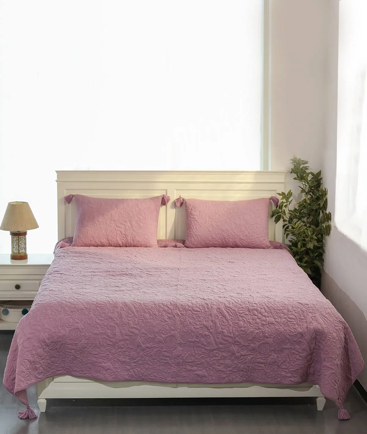 Summer Beauty Lavender Color 100% Cotton Knitted King Size Bed Cover with 2 Pillow Cover Set