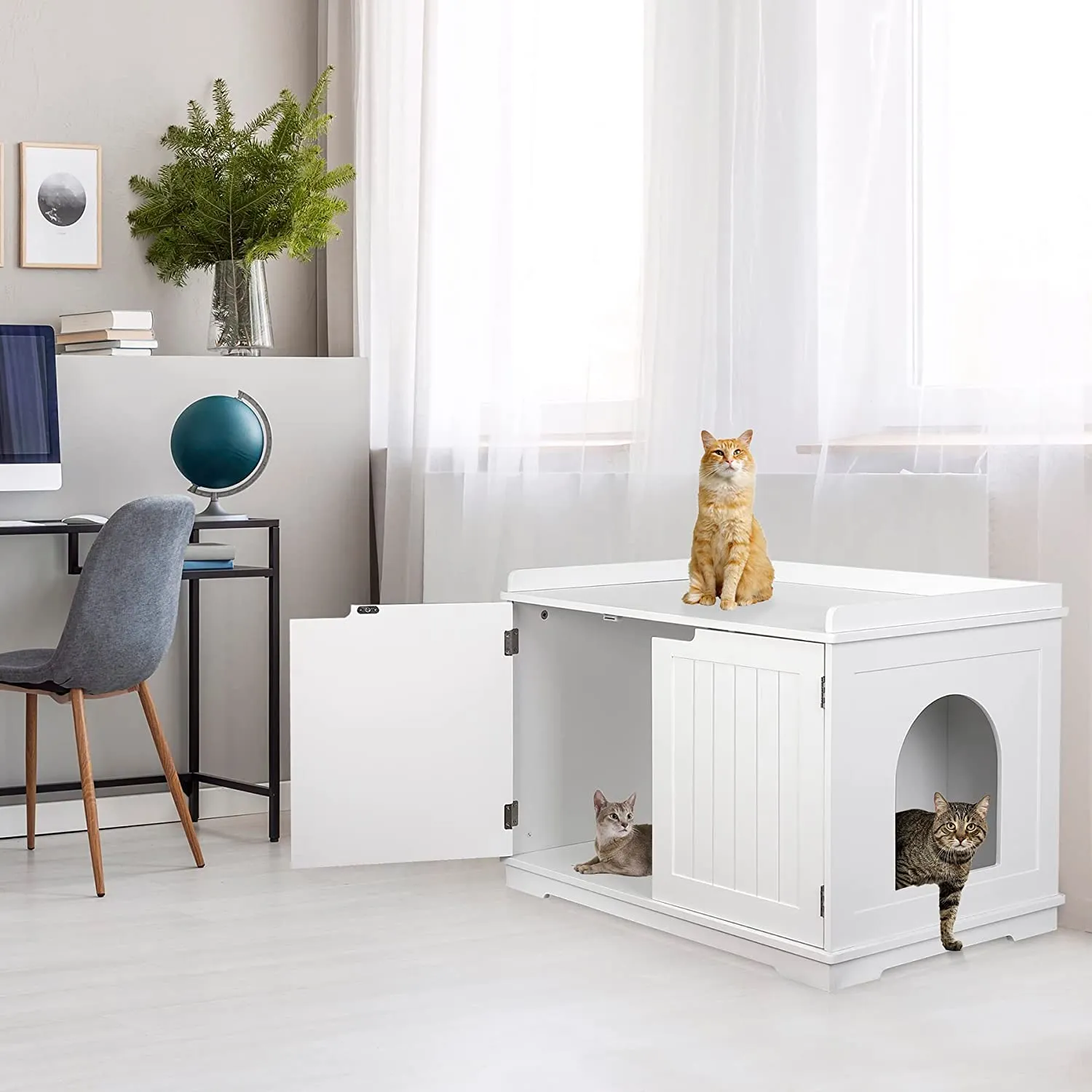 ZENY™ Cat Litter Box Enclosure, Cat Litter Box Furniture Hidden, Wooden Cat Litter Cabinet with Divider, Modern Cat Washroom Storage Bench