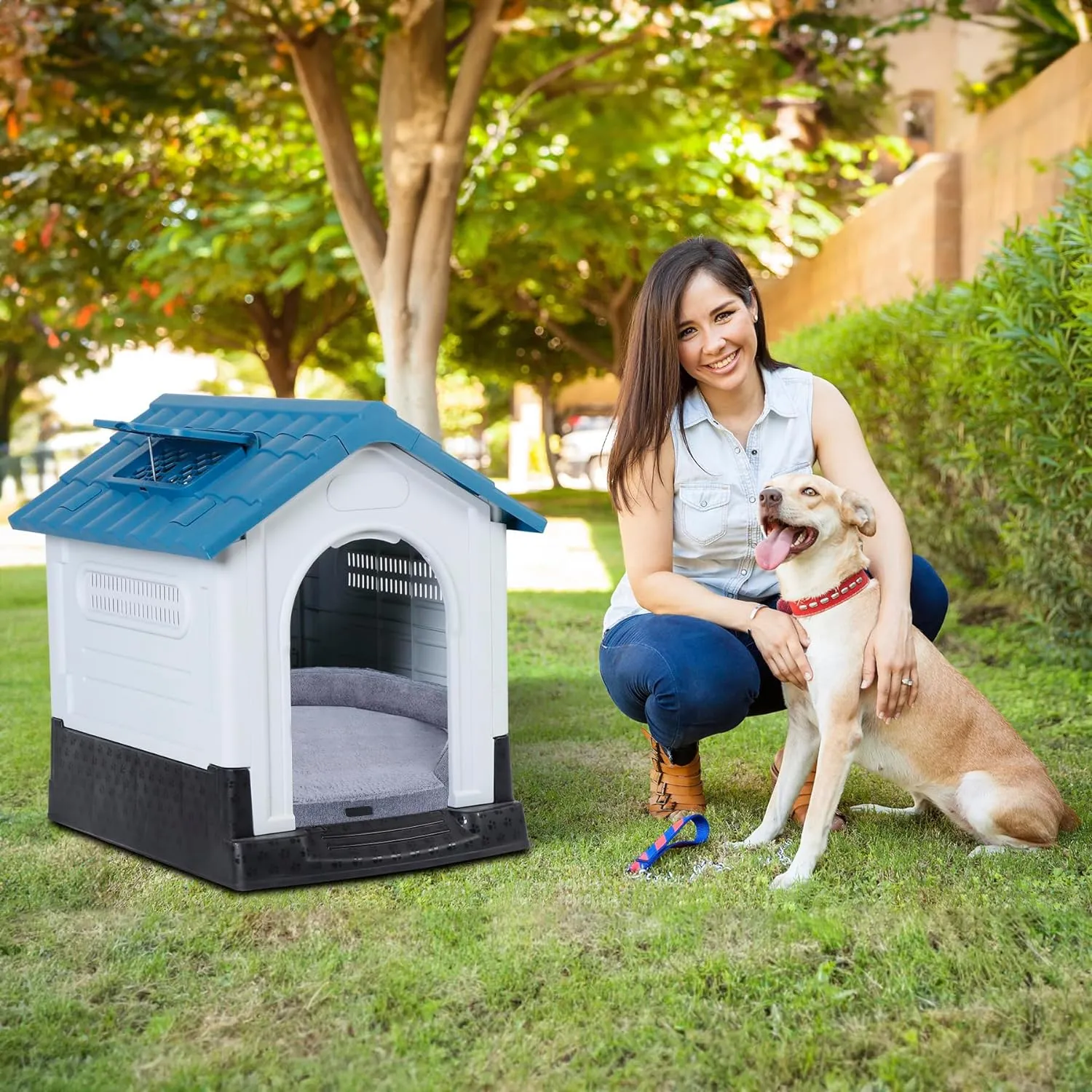 ZENY™ Pet Republic Plastic Dog House Indoor Outdoor Dog Kennel Easy to Assemble Puppy Shelter w/Adjustable Skylight Elevated Floor Waterproof